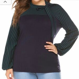 In Voland Navy Blue and Green striped long sleeve top with tie neck NWT size 20W